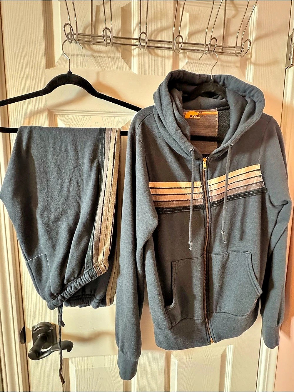 Aviator Nation 5 Stripe Zip Hoodie and Sweatpants Set Gray - Picture 2 of 5